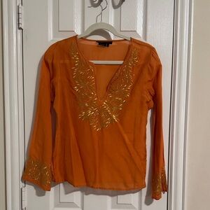 BCBGMaxAzria Orange Blouse with Gold Embroidery